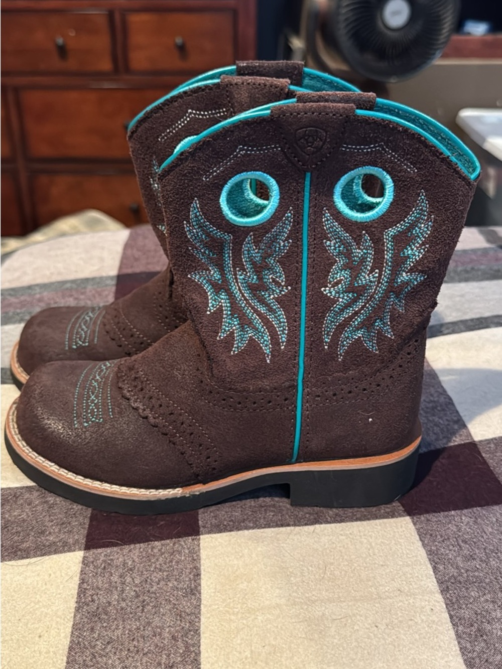 Kids Brown Suede Cowboy Boots with Turquoise Stitching - Brand:Ariat
